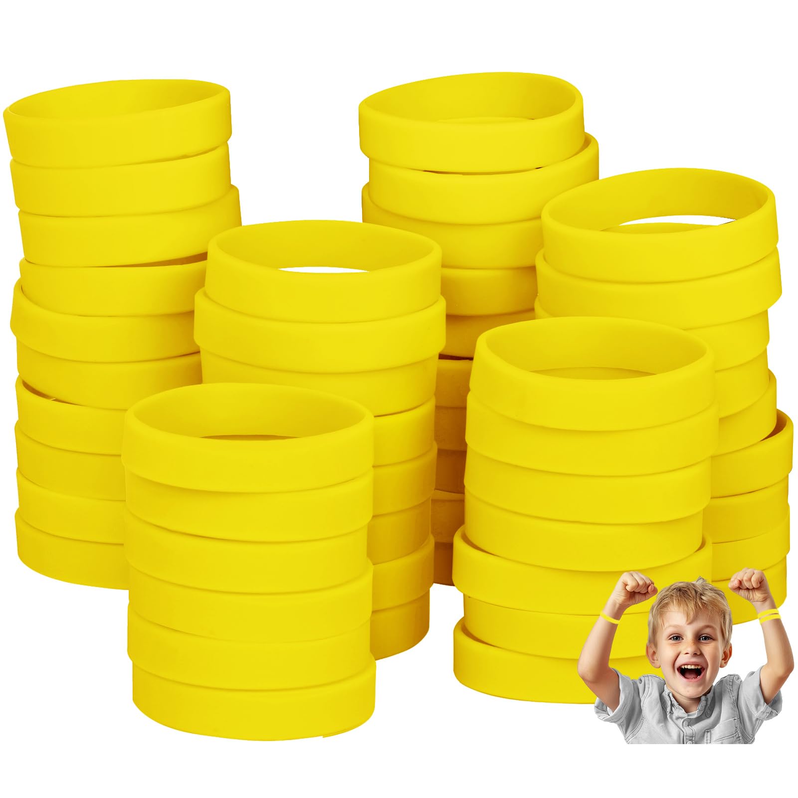 50PCS Silicone Bracelets Wristbands for kids,Blank Rubber Wristbands Elastic Universal Bracelets Rubber Wholesale Bracelet bands bulk Yellow