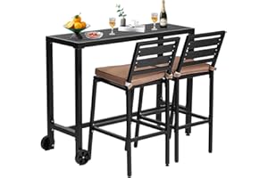 FKLUG 3 Piece Patio Bar Dining Set,Outdoor 47" Durable Bar Height Table & Cushioned Bar Stools of 2,Metal Bar Table and Chairs Set for Balcony, Backyard, Porch, Poolside