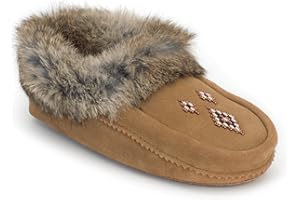 Manitobah Tipi Moccasin - Womens Indoor Slipper, Fleece-Lined, Suede Leather, Rabbit Fur Trim