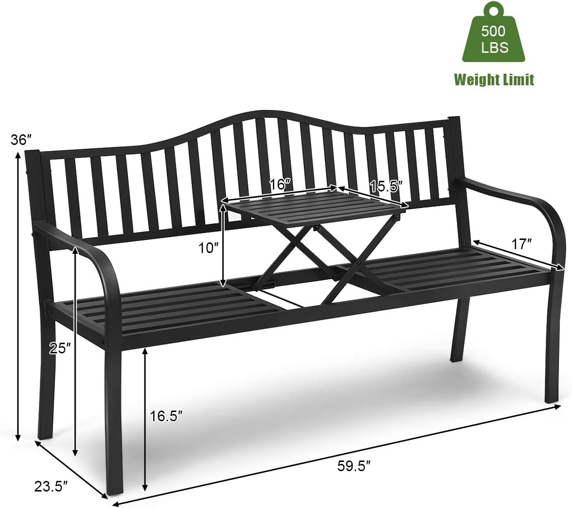 Giantex Garden Bench, Outdoor Metal Patio Benches w/Pullout Middle Table for Porch Path Yard Lawn Decor Deck Outdoor Metal Loveseat (Black): Kitchen & Dining