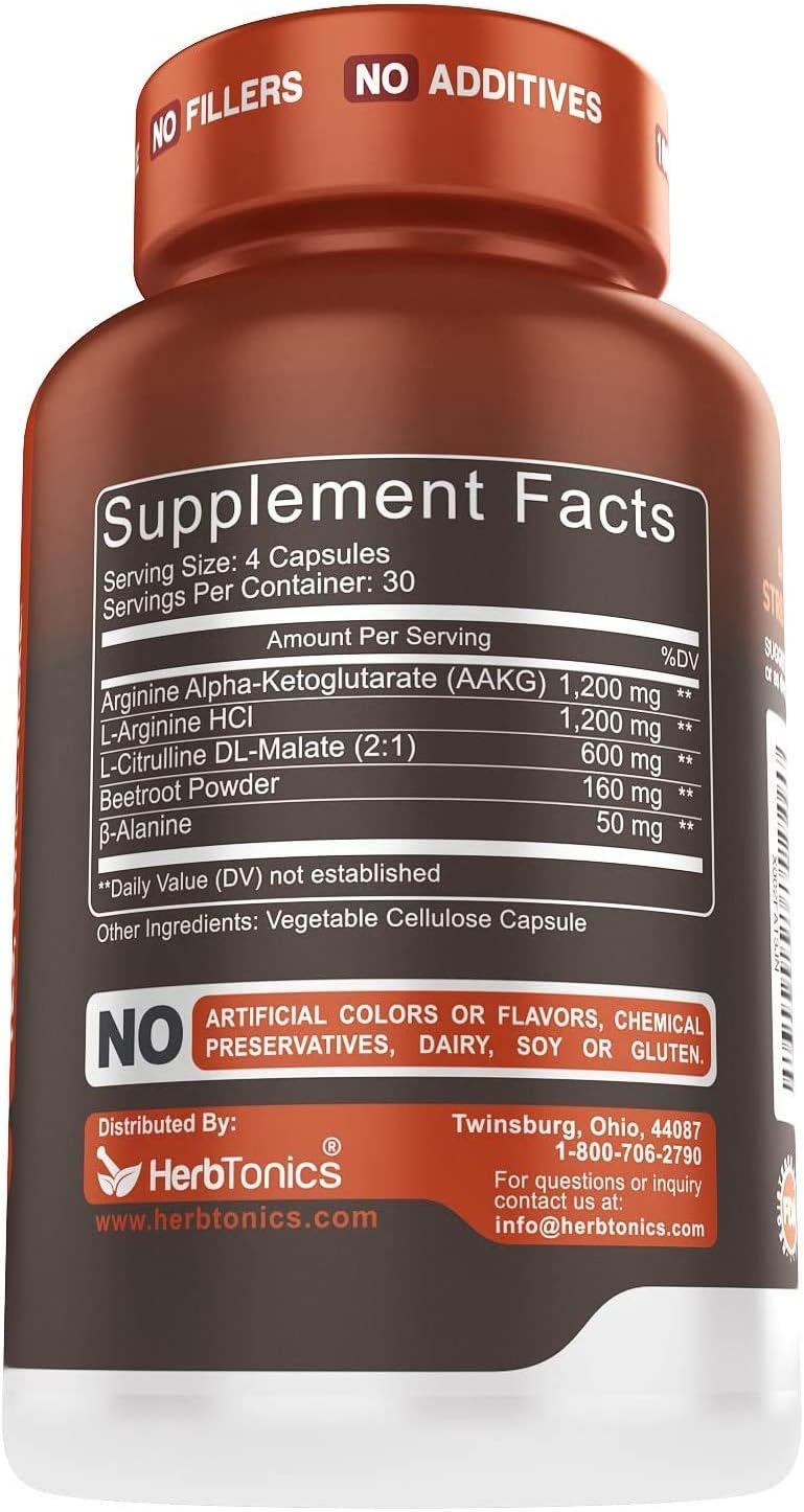 High Strength Nitric Oxide Booster Supplement with L Arginine, L-Citrulline, Malate, AAKG - Powerful NO for Muscle Growth, Strength, Vascularity, Energy & Blood Flow: Health & Personal Care
