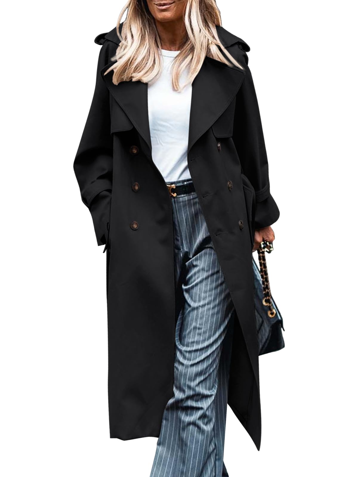 Photo 1 of LILLUSORY Womens Double Breasted Long Trench Coat Dressy Overcoat with Belt Fall Winter Fashion Trendy Clothes Outfits 2025 Black L