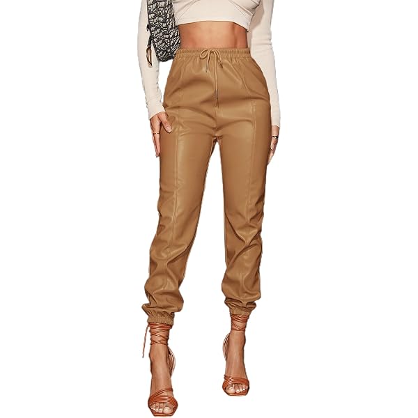 Women's High Waisted Faux Leather Stretch Leggings - PU Coated Skinny Joggers With Drawstring, Ankle Length Athleisure Pants