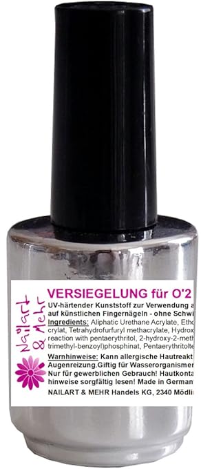 1 Pinselflasche VERSIEGELUNG OHNE SCHWITZSCHICHT 15ml für O'2 Nageldrucker. Dickviskos, klar, hochglänzend.
