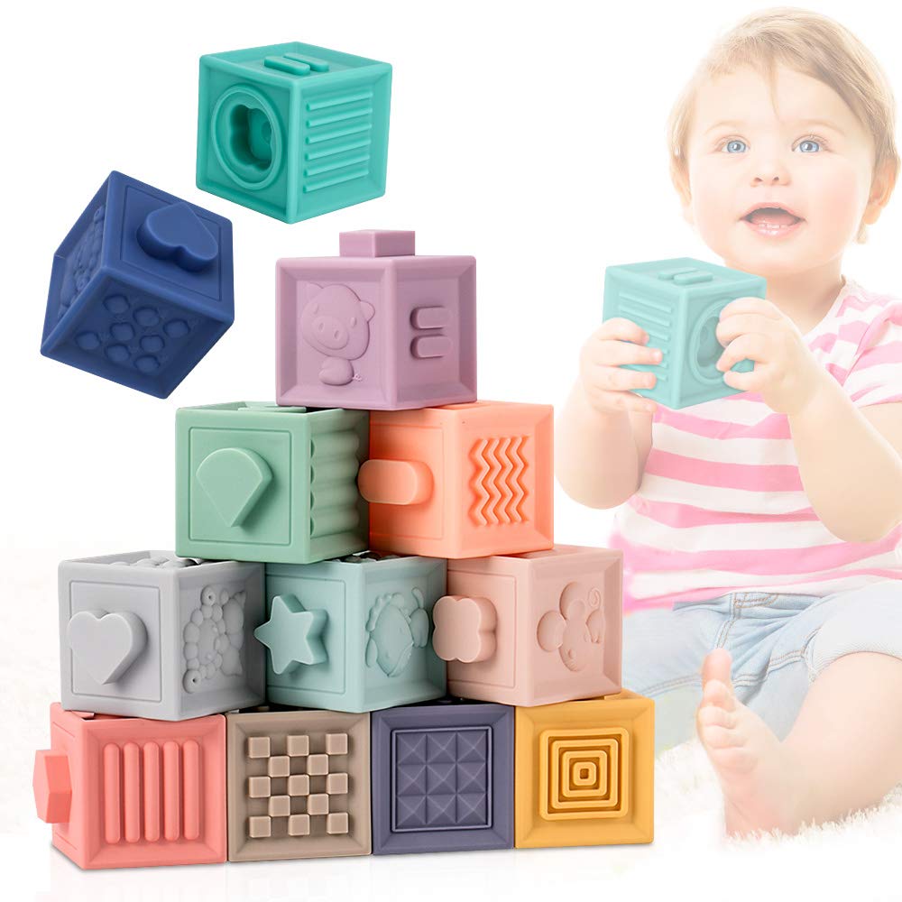 E-More Baby Toys 0-12 Month Baby Stacking Blocks, 12 Pcs 3D Sculpture Soft Building Blocks with 6 Different Touches and Shapes for Preschool Sensory Toys, Used as Brain Games and Baby Molars