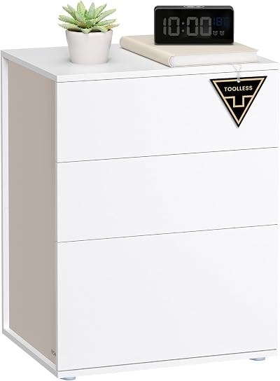 VASagle Bedside Table 3 Drawers TOOLSless Assembly White Cappuccino LET778W01