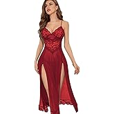 Senllori Women Lingerie Sexy Nightgowns Split Mesh Lace Floral Sheer Babydoll Nightwear Dress 2 Piece with Thong Set