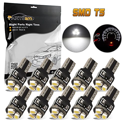 Partsam T5 Wedge 3-3020-SMD Gauge Cluster LED Light Instrument Panel Indicator Bulb, White, Pack of 10