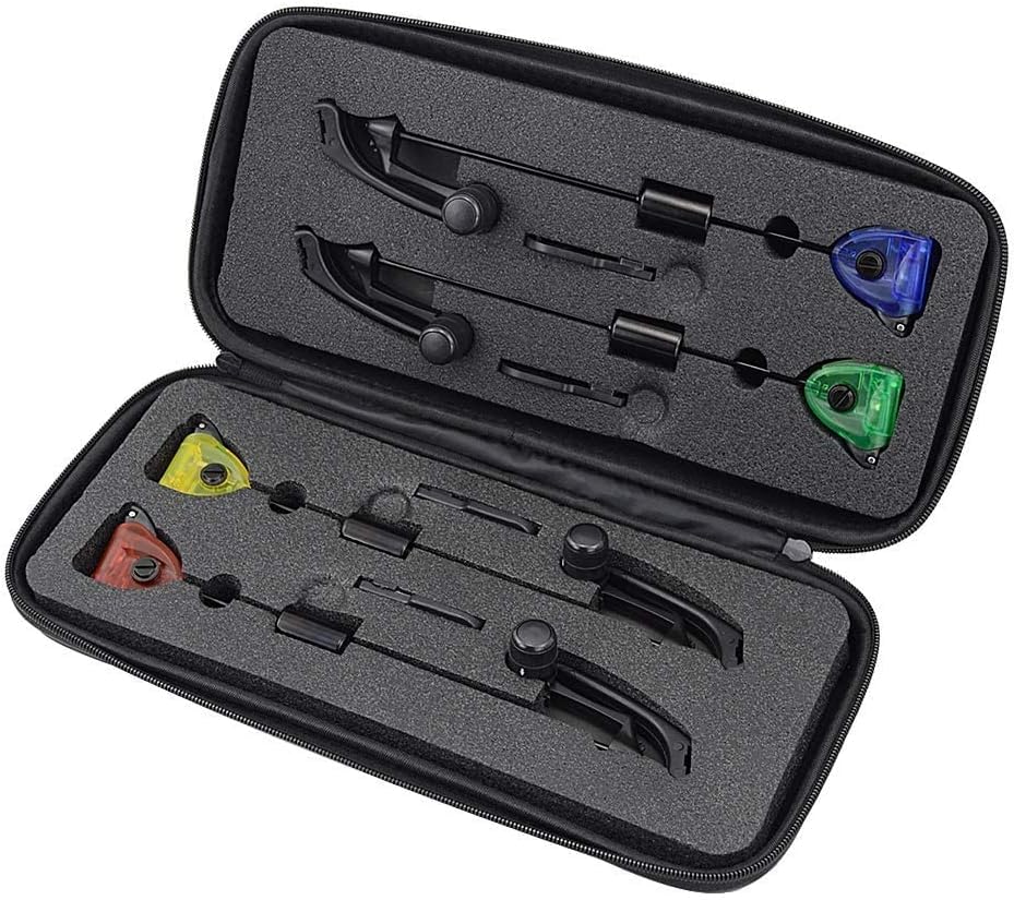 TMC 4 x LED illuminated Drop off Bite Indicators supplied in a Protective Case. Spring Tension, Slider Weight, Red, Yellow, Blue & Green. Fit standard 2.5mm jack plug sockets