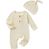 QUEKRE Newborn Baby Boy Girl Clothes Infant One Piece Rompers Solid Ribbed Knit Hat Long Sleeve Clothing Set