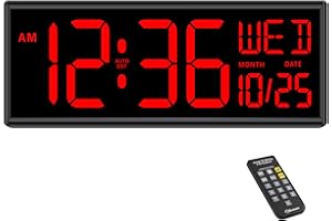 Soobest Large Display Digital Wall Clock with Date and Day of Week, Remote Control LED Clock with Dimmer (Red)