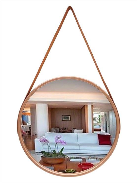 Espelho de Pendurar Emoldurado Redondo Decorativo Rose Gold 60cm Alça Marrom