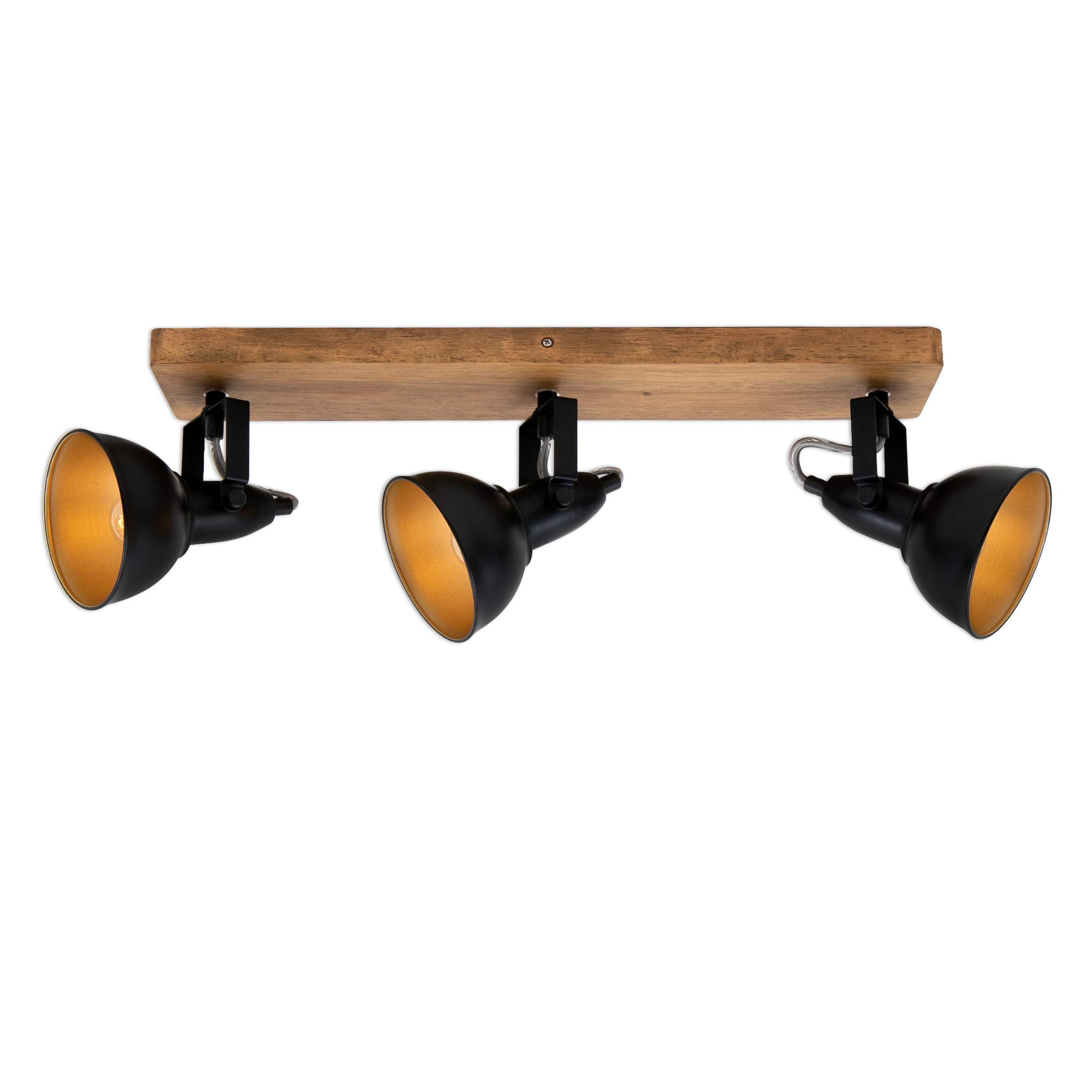 Briloner Leuchten - Spotlight, retro ceiling spotlight, vintage ceiling light, can be rotated and swivelled, 3 x E14, max. 25 watts, metal and wood, black and gold, 500 x 110 x 157 mm (L x W x A) 2901-035