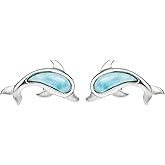 925 Sterling Silver Natural Larimar Dolphin Stud Earrings, Nickle Free Hypoallergenic for Sensitive Skin, Hawaii Ocean Jewelry for Women, Gift Box Included