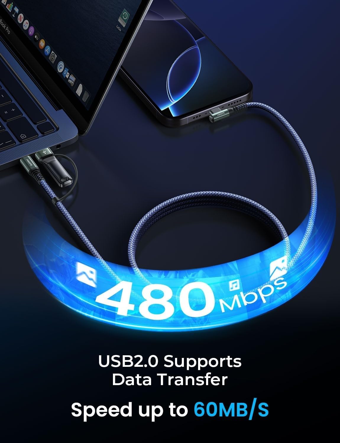 AINOPE for iPhone 17 Charger USB C Cale with USB to USB C Adapter,60W Type C Charger Fast Charging Cable for iPad 2-𝑷𝒂𝒄𝒌 6.6FT Right Angle Carplay Cable Fit iPhone 17 16 15 Air Pro Samsung