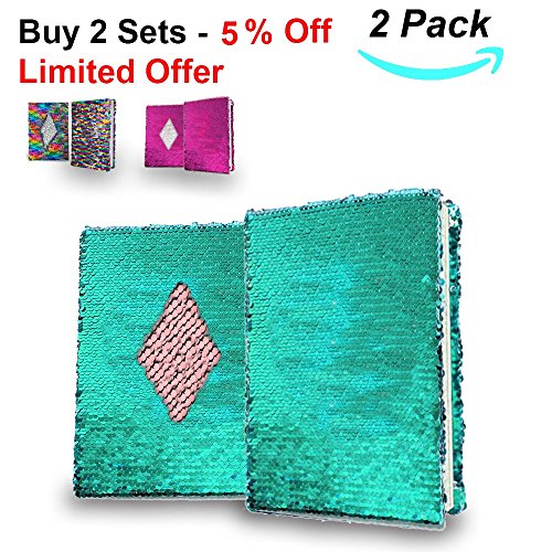 AUTHENTIC Sequin Notebook Easily Change Blue to Pink (White Ruled Paper). Kids Sequin Journal for Great Writing, Good Studying, Relaxing by HADeco, pack of 2 (Blue)