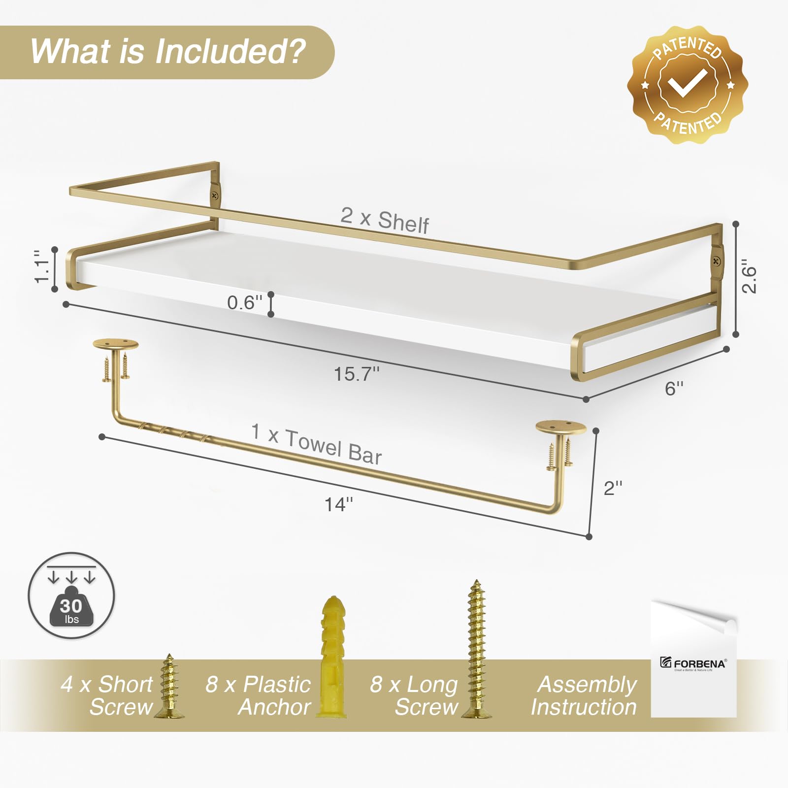 Forbena Floating Bathroom Shelves Wall Mounted, Aesthetic White and Gold Shelves for Bathroom Accessories, Modern Bathroom Organizer with Tower Bar for Wall Decor Storage Small Spaces, Set of 2
