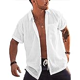 Bbalizko Mens Short Sleeve Button Up Shirts Linen Cotton Beach Tops Spread Collar Plain Summer T Shirt with Pocket
