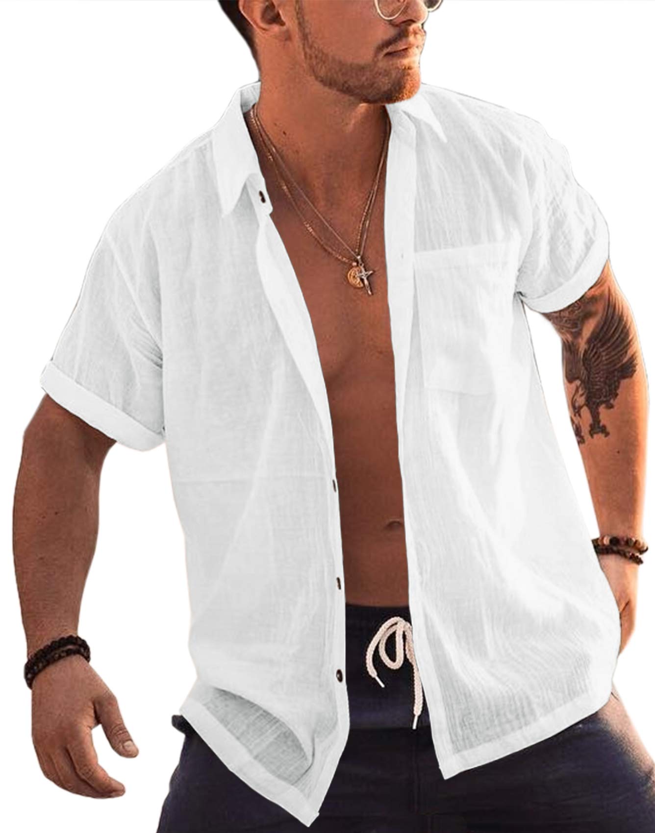 Photo 1 of Size XL  Bbalizko Mens Short Sleeve Button Up Shirts Linen Cotton Beach Tops Spread Collar Plain Summer T Shirt with Pocket White