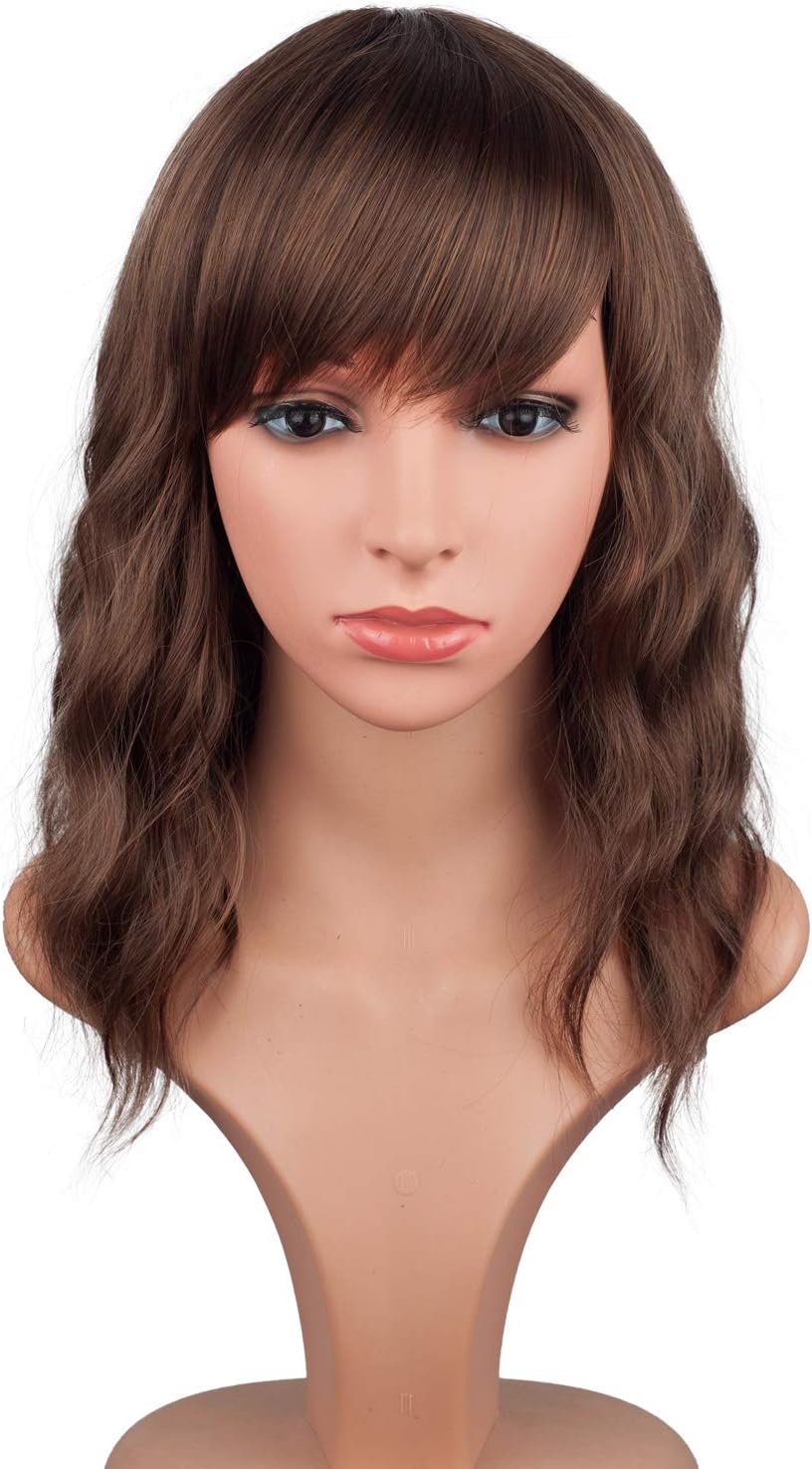 Short Wavy Bob Wigs For Black Women Natural Looking Brown Synthetic Curly Wigs With Side Bangs Heat Resistant Fiber Hair For Women (Brown)