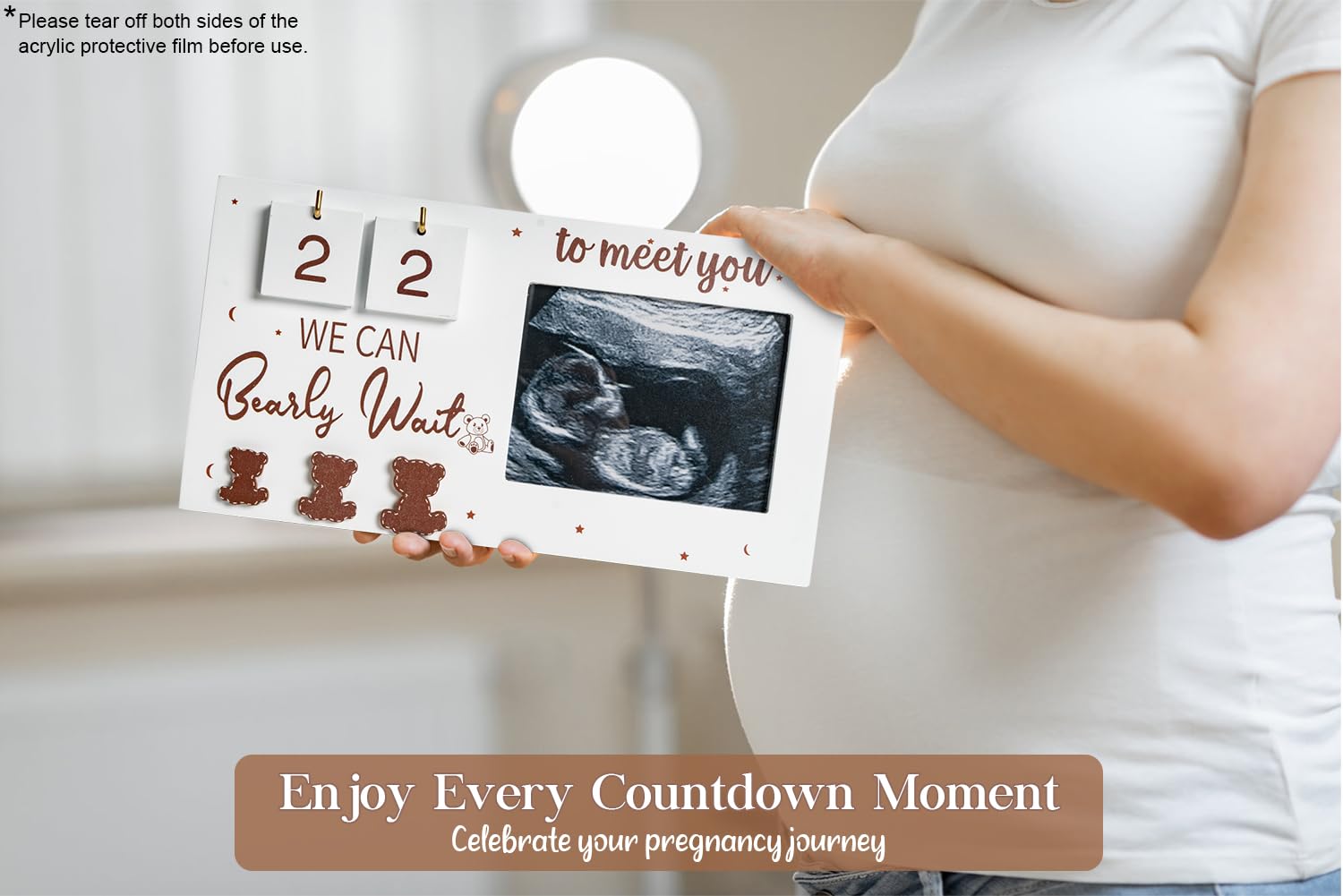YLOVAN Expecting Parents to Be Unique Gifts for Pregnant Women, Sonogram Picture Frame Pregnancy Gift We Can Bearly Wait with Countdown Weeks, Best Mom Gift,White & Brown