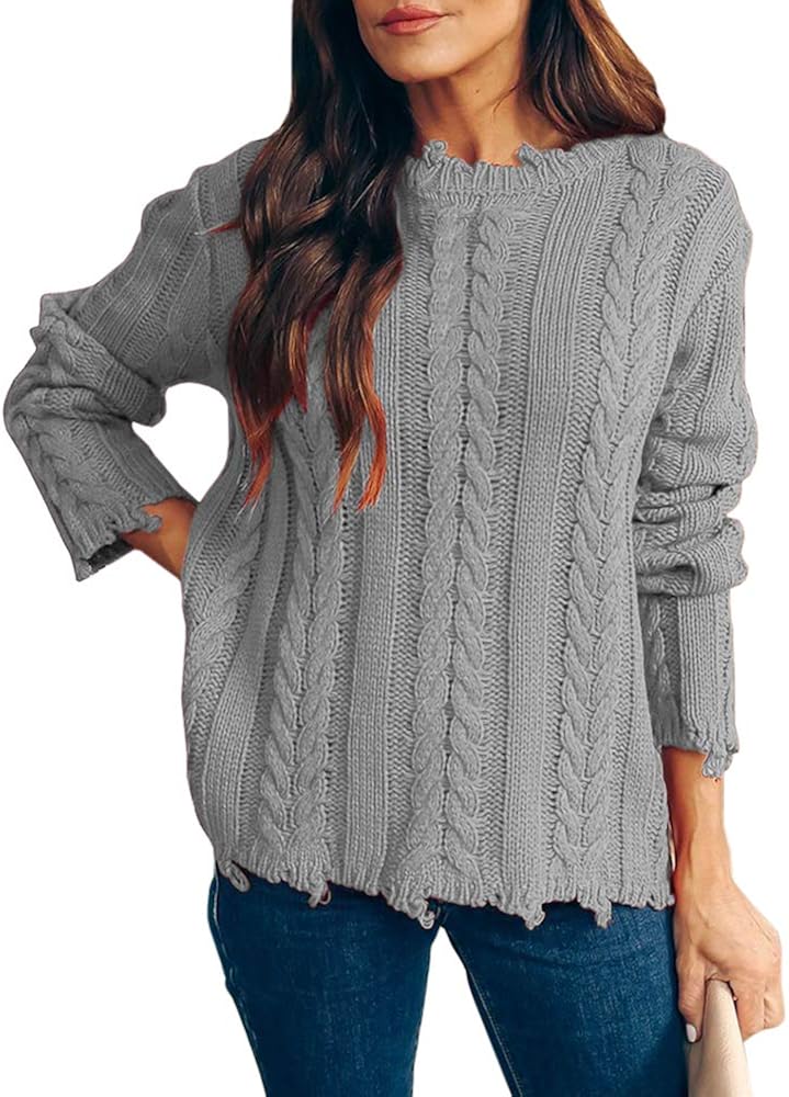 Womens Chunky Cable Knit Sweaters Long Sleeve Crewneck Pullovers
