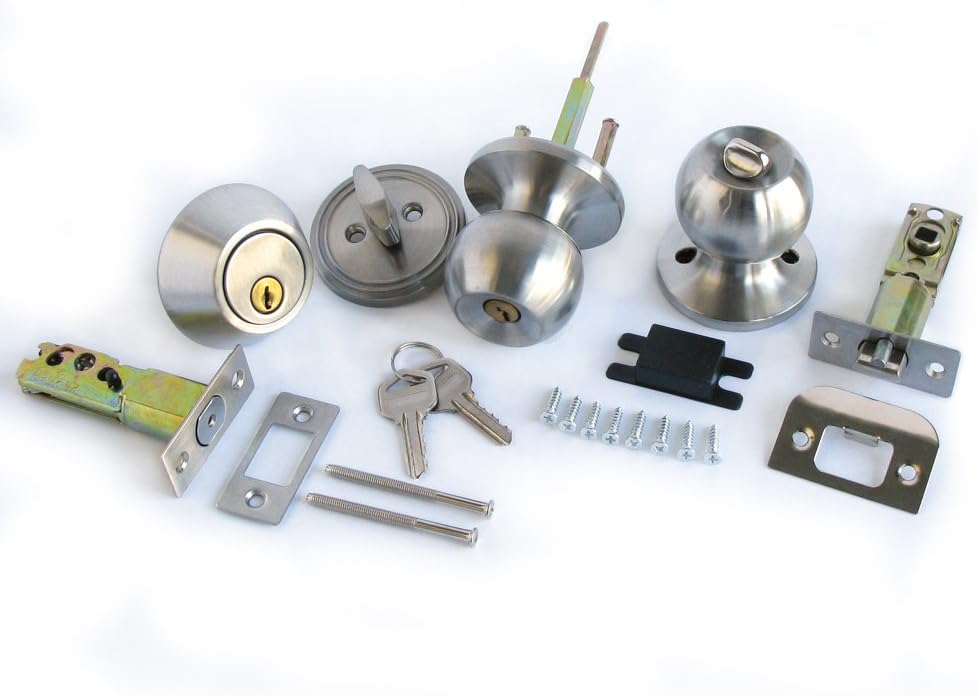 Single Cylinder Deadbolt Entrance Entry Round Door Knob Lock Combo Set Stainless Color
