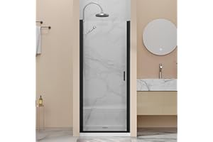 Bathenum 32” x 72” Pivot Swing Shower Door, 1/4 inch Tempered Glass Panel Hinged Shower Door in Matte Black Finish, Semi-Frameless Design