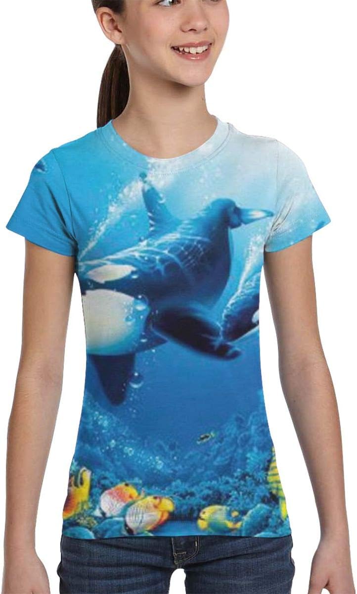 Killer Whales Orcas Ocean Sea Animals Wallpaper Girls' Short Sleeve T-Shirts with and Round Necks Juvenile