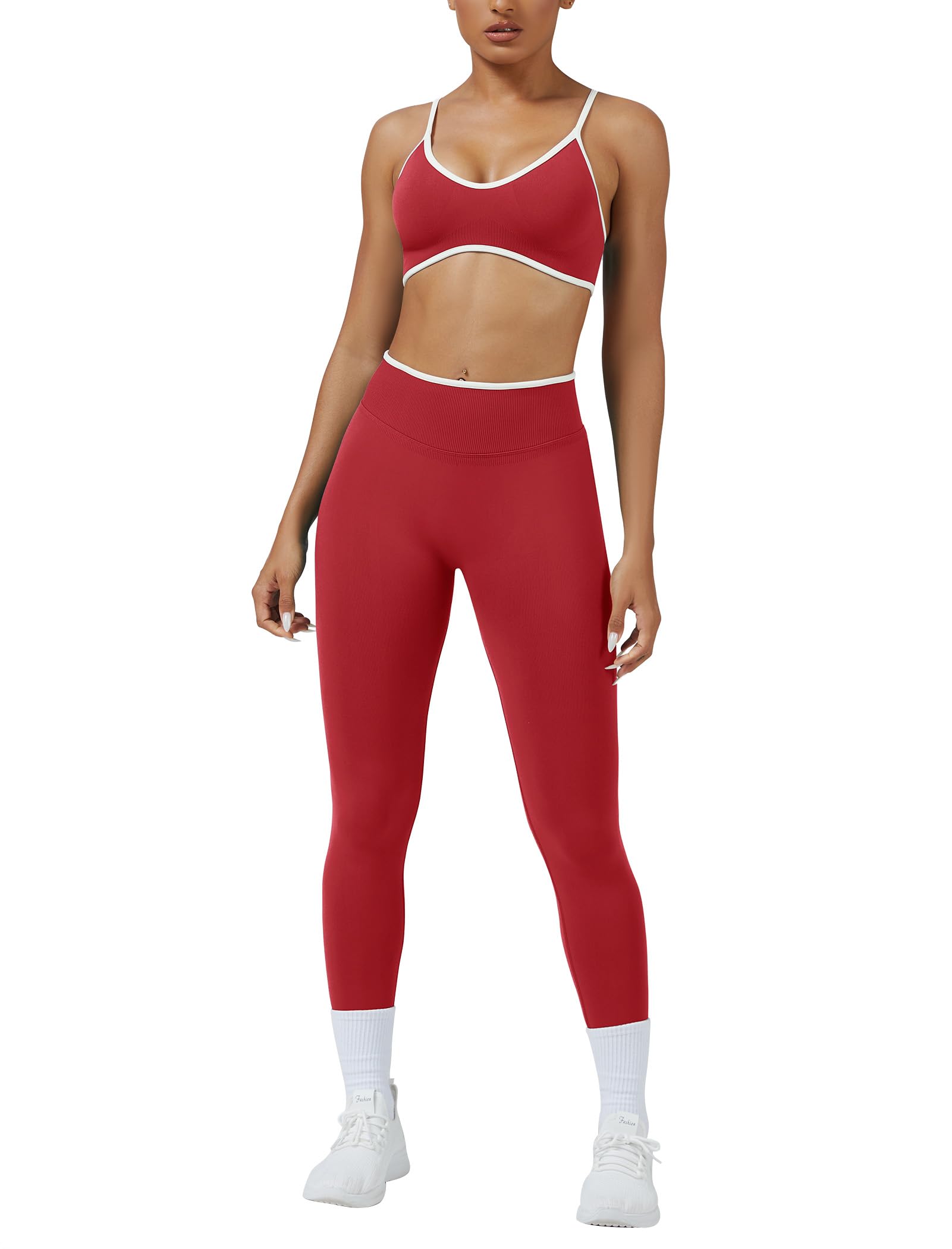 Photo 1 of ABOCIW Workout Sets for Women Seamless Color Block Sports Bra Hidden Scrunch High Waist Leggings 2 Piece Gym Yoga Active Wear Pilates Outfits Athletic Work Out Clothes Red Medium