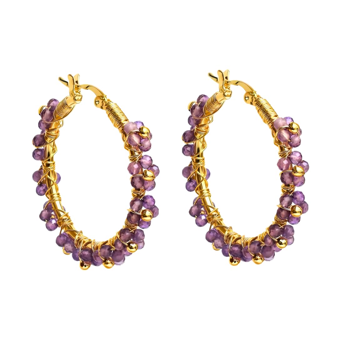 Photo 1 of Gempires Purple Amethyst Beaded Earrings Febuary Birthstone Handmade Jewelry Hypoallergenic Gold Plated Wire Wrapped Gemstone Earrings For Women