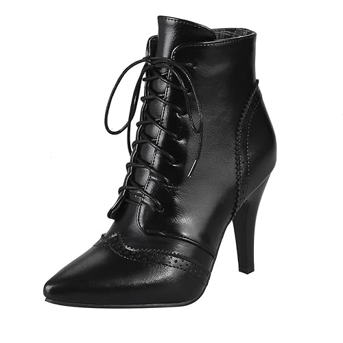 UH Damen Spitze High Heels Stiefeletten Schnür Ankle Boots mit Fell 8cm Absatz Vintage Fashion Schuhe