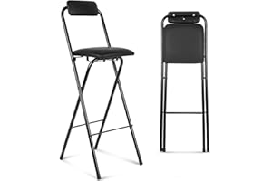 Thyle 1 Pcs Folding Bar Stool with Backrest, Tall Foldable Stool Chair Portable High Folding Bar Chair Counter Height Seat Leather Padded for Kitchen Island Shop Cafe Dining Room Black (29.5 Inch)