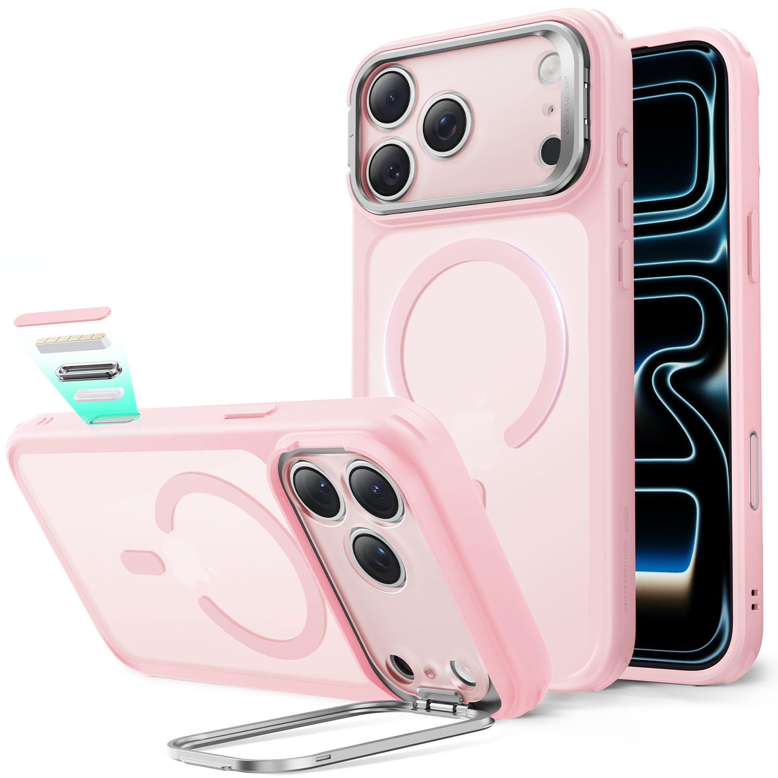 Photo 1 of ESR for iPhone 17 Pro Case with Stand, Camera Control Cover Compatible with MagSafe, Military-Grade Drop Protection Magnetic Phone Case for iPhone 17 Pro, Frosted Bubblegum Pink
