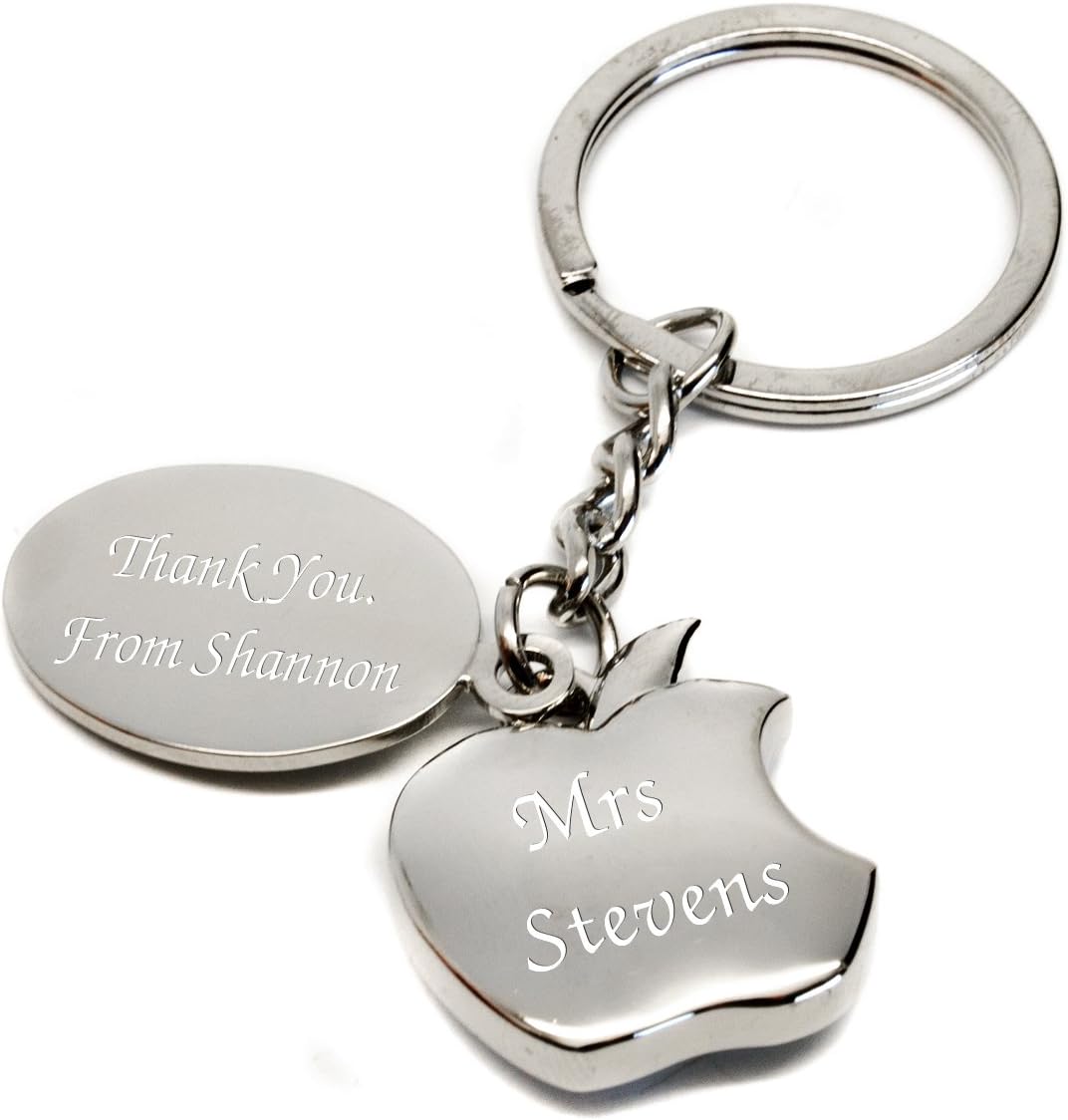 Personalised Detailed Chrome Bitten Apple Keyring, Engraved Teacher's Gift - Enter Your Own Custom Text