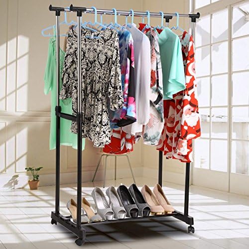 Pesters Stainless Steel Double Rail Rolling Garment Rack with Bottom Shelf and Lockable Wheels, Adjustable Metal Hanging Clothes Rack (US STOCK) (Black)
