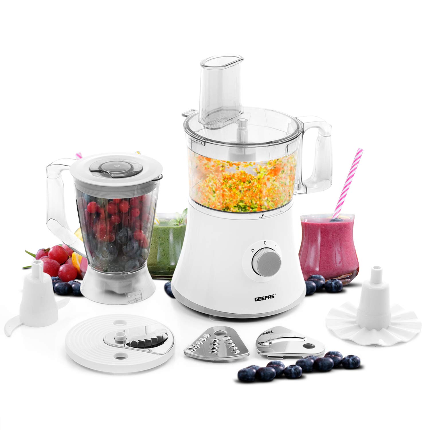 Geepas 500W 10 in 1 Food Processor Blender | Multifunctional Electric Chopper Shredder Grater Slicer & Dough Attachments | 1.2L Capacity 2 Speed & Pulse Control | Pure Copper Motor - 2 Years Warranty