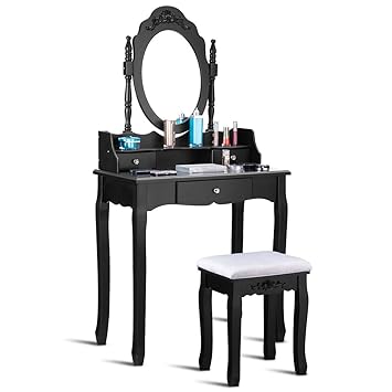 Casart Vanity Table Set With Mirror And Stool For Bedroom Modern Wood Style Cushioned Bench Oval Mirrored Multifunctional Top Removable Writing Desk