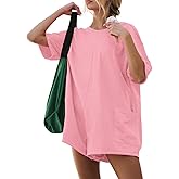 GTETKDE Rompers for Women Casual Short Sleeve Oversized Athletic Jumpsuits Workout Hot Shot Tee Romper Overalls with Pockets PinkM