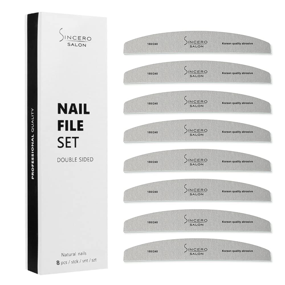 Sincero Salon - Nail Files Professional - 8pcs - Professional Nail File 180/240 - Nail Files for Acrylic and Gel Nails - Double Sided - Manicure Tools - Emery Boards For Nails - Manicure Set
