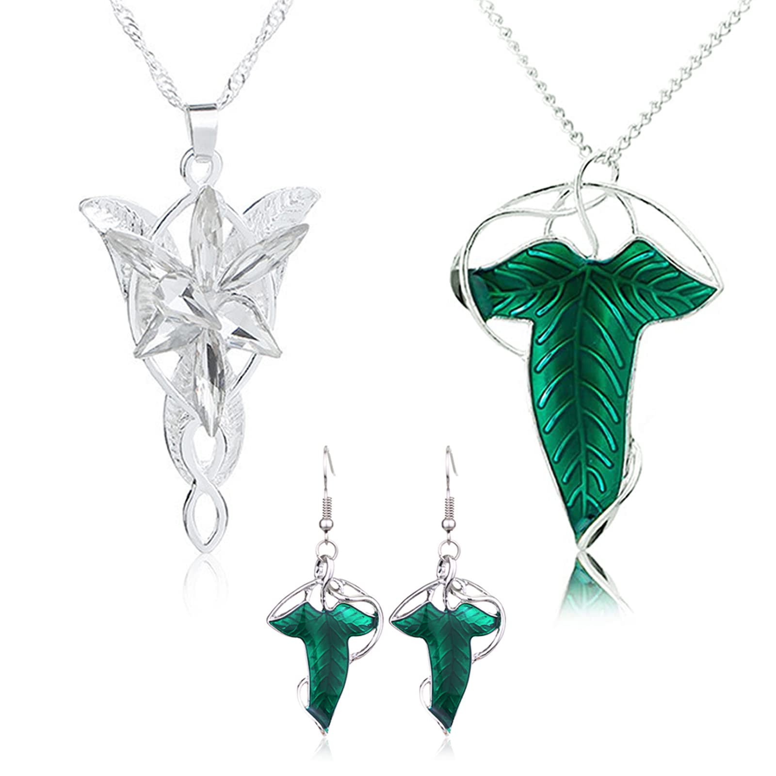 YouU 3 pcs Cosplay Elven Green Leaf Brooch Pin Pendant Necklace Elf Earrings Set Arvven Evening Necklace for Women Halloween Cosplay Costume Party