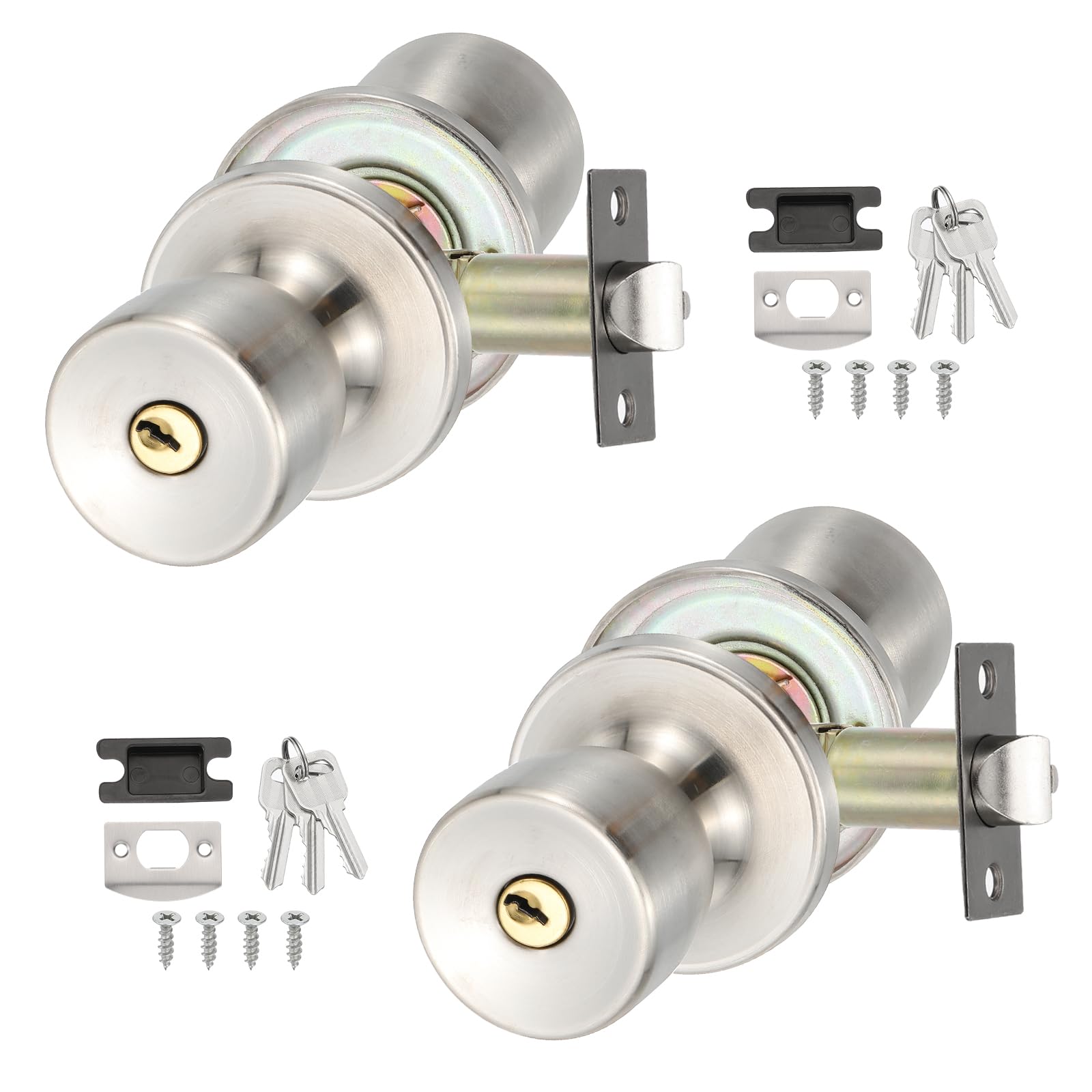 PATIKIL Key Entry Door Knobs Interior, 2 Pack Round Zinc Alloy Bedroom Bathroom Door Knob with Lock Entry Indoor Outdoor Door, Sanding Color
