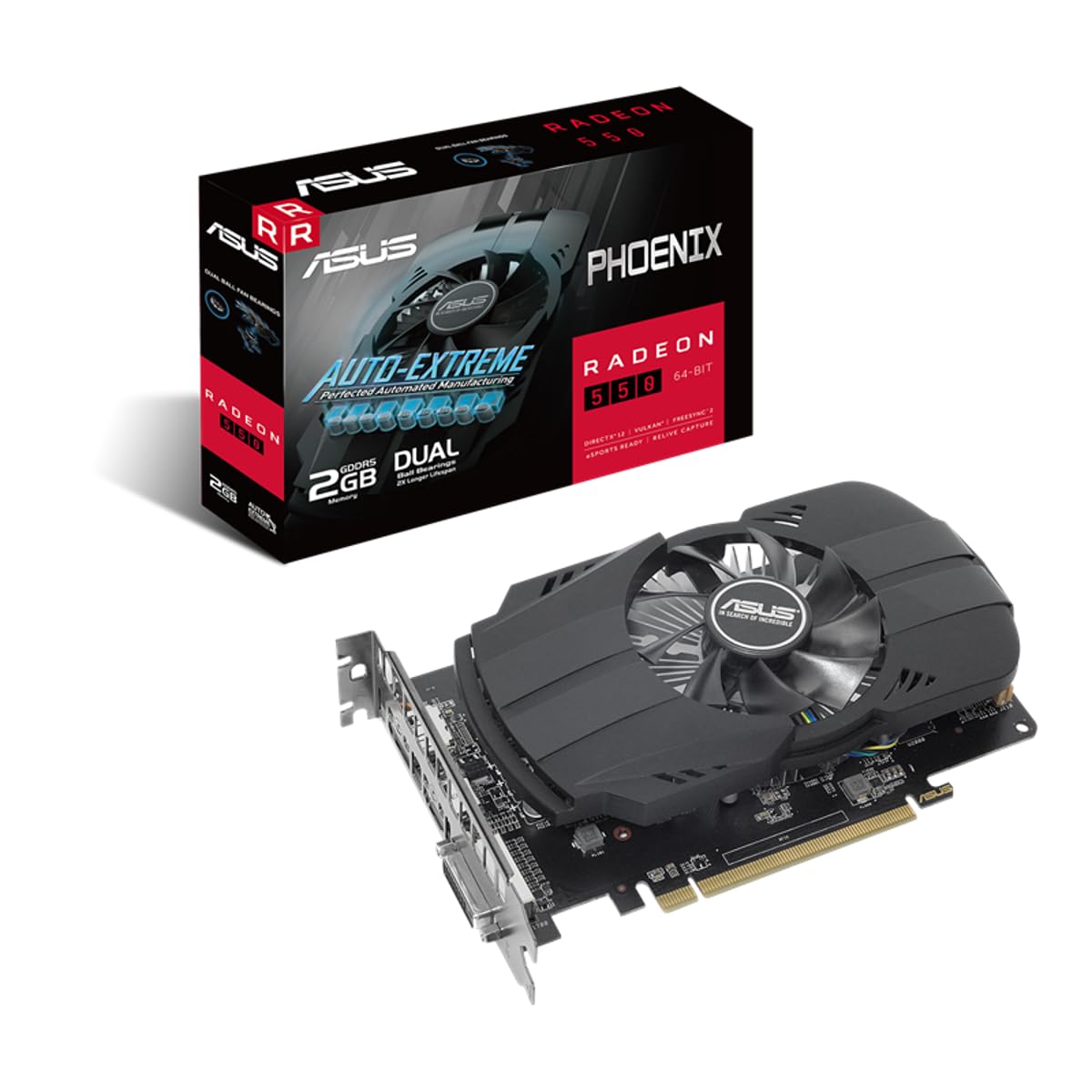 ASUS Phoenix AMD Radeon 550 Graphics Card (PCIe 3.0, 2GB GDDR5 memory, HDMI, DisplayPort, DVI-D, IP5X, Dual ball fan bearings, Auto-Extreme)