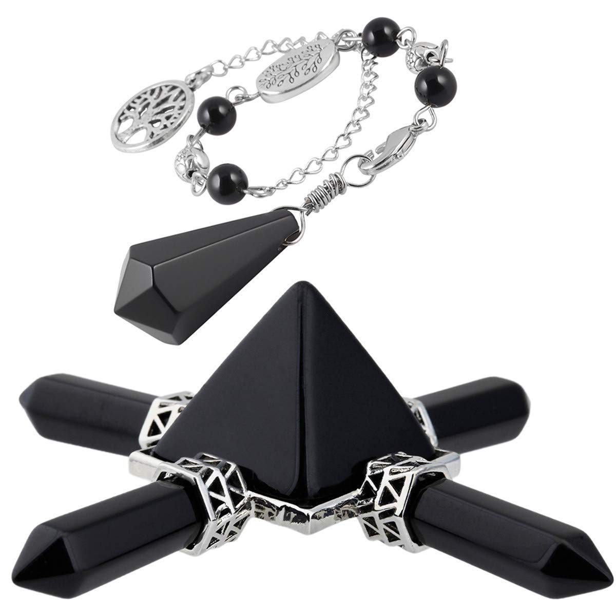 Nupuyai Obsidian Healing Crystal Kit, Energy Pyramid with 4 Stone Point Wand Dowsing Pendulum Collection Set Reiki Figurine Decor