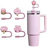 4 Stanley cup Straw covers, peach blossom dustproof straw Cover, Stanley cup 30&40oz silicone straw cover, 10mm 0.4 inch lid accessory (reusable)(pink)