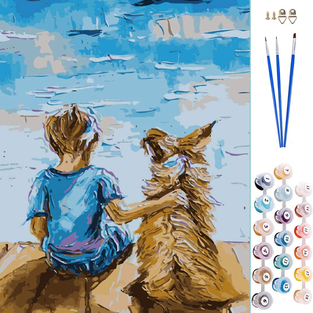 ABEUTY DIY Paint by Numbers for Adults Children, Puppy & Boy Animal 16x20 inches Number Painting Art Therapy (No Frame, Boy)