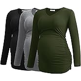 Smallshow Women's V-Neck Maternity Shirt Clothes Long Sleeve Ruched Pregnancy Top