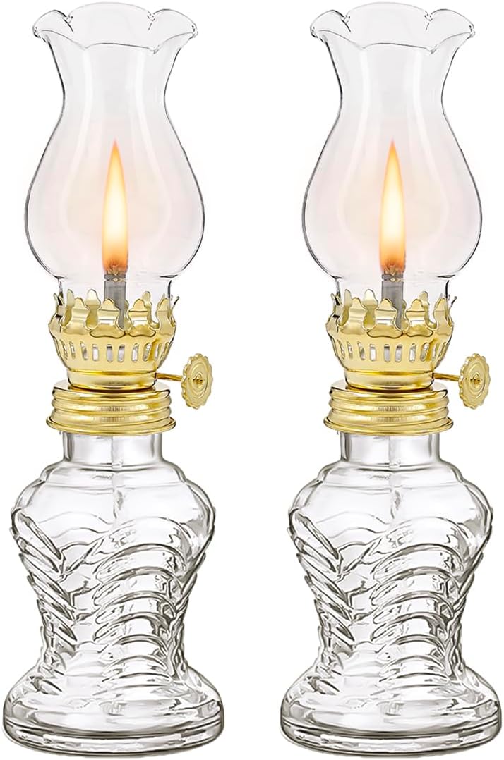 Oil Lamps & Accessories - 2 Pieces Glass Oil Lamp, Vintage Glass Clear Kerosene Lamp Indoor Decorative Hurricane Lamp Oil Lantern for Tabletop Decor and Emergency Lighting (Clear)