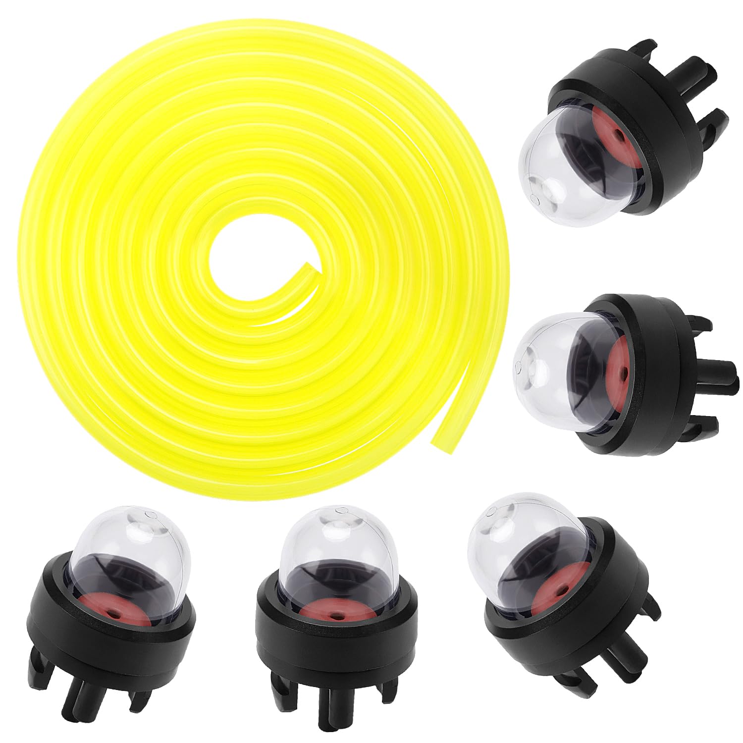 VooGenzek 5 PCS Snap-in Primer Bulb Pump and 1 PC 1.5m Petrol Fuel Line Hose Tube (2.5 x 5mm), for Brush Cutter, Trimmer, Lawnmower