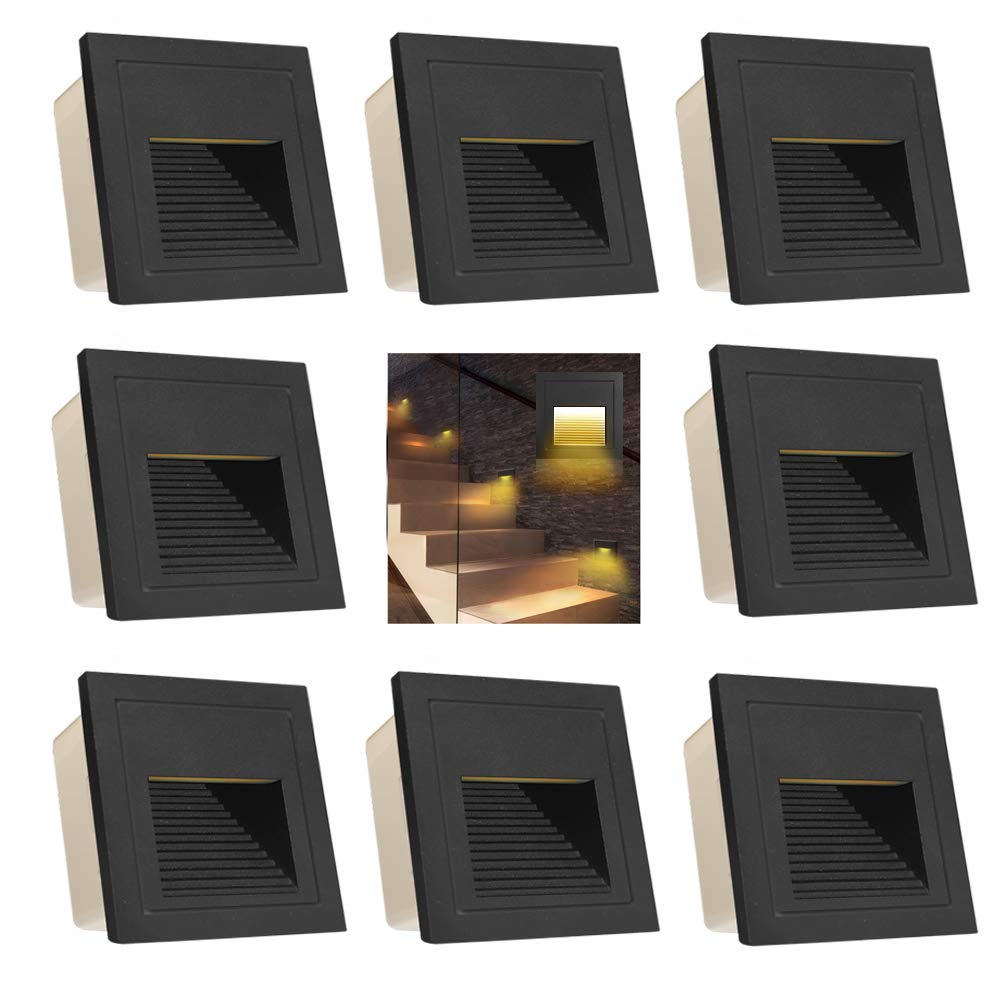 Arotelicht 8pcs/3W Wall Recessed Stair Lights LED Warm White Outdoor IP65 Step Light Square Recessed Wall Light Black Cover Garden Lighting Deck Balcony, Suitable for Stairs, corridors, Steps, Garden